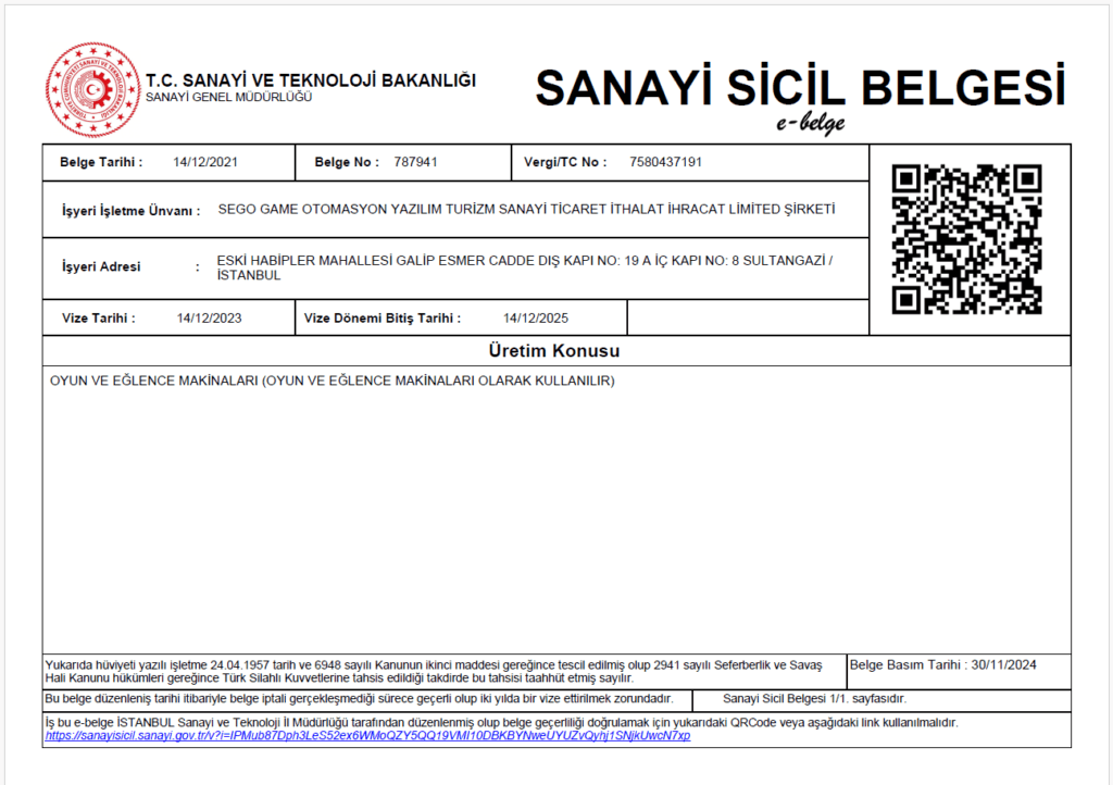 sego game sanayi sicil belgesş